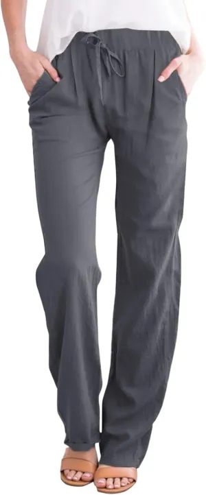 Women Linen Pants with Drawstring Lightweight Elastic Waist Leg Loose with Pockets Petite Summer Relaxed Fit Tapered