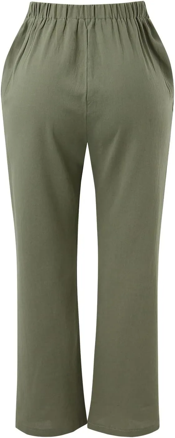 Women Linen Pants with Drawstring Lightweight Elastic Waist Leg Loose with Pockets Petite Summer Relaxed Fit Tapered