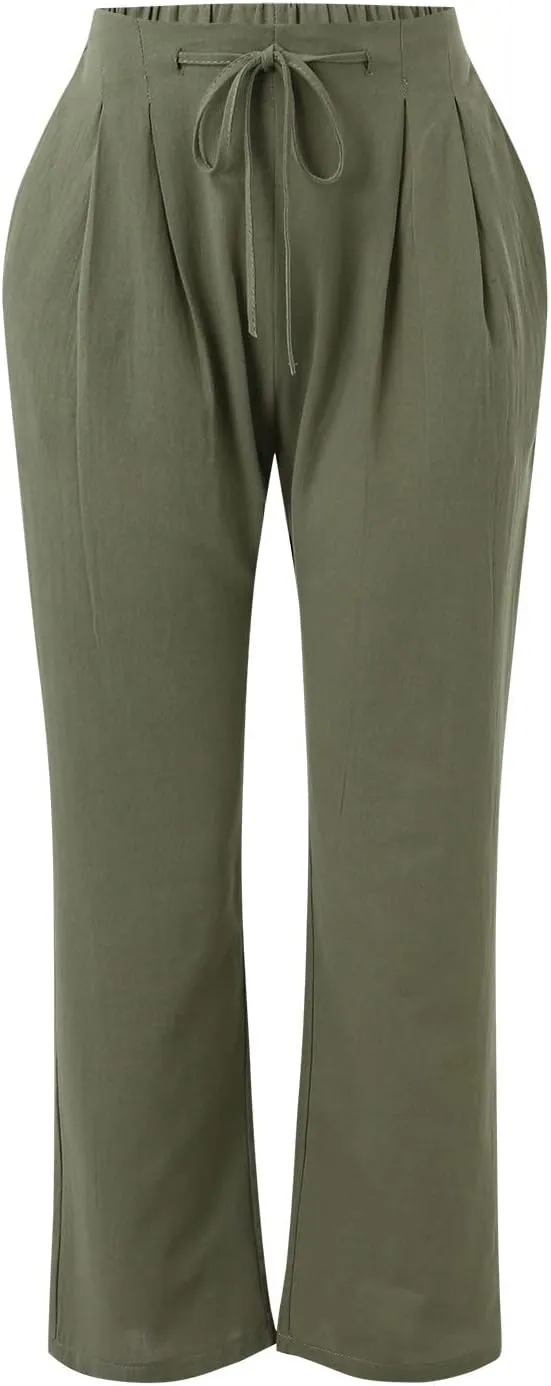 Women Linen Pants with Drawstring Lightweight Elastic Waist Leg Loose with Pockets Petite Summer Relaxed Fit Tapered