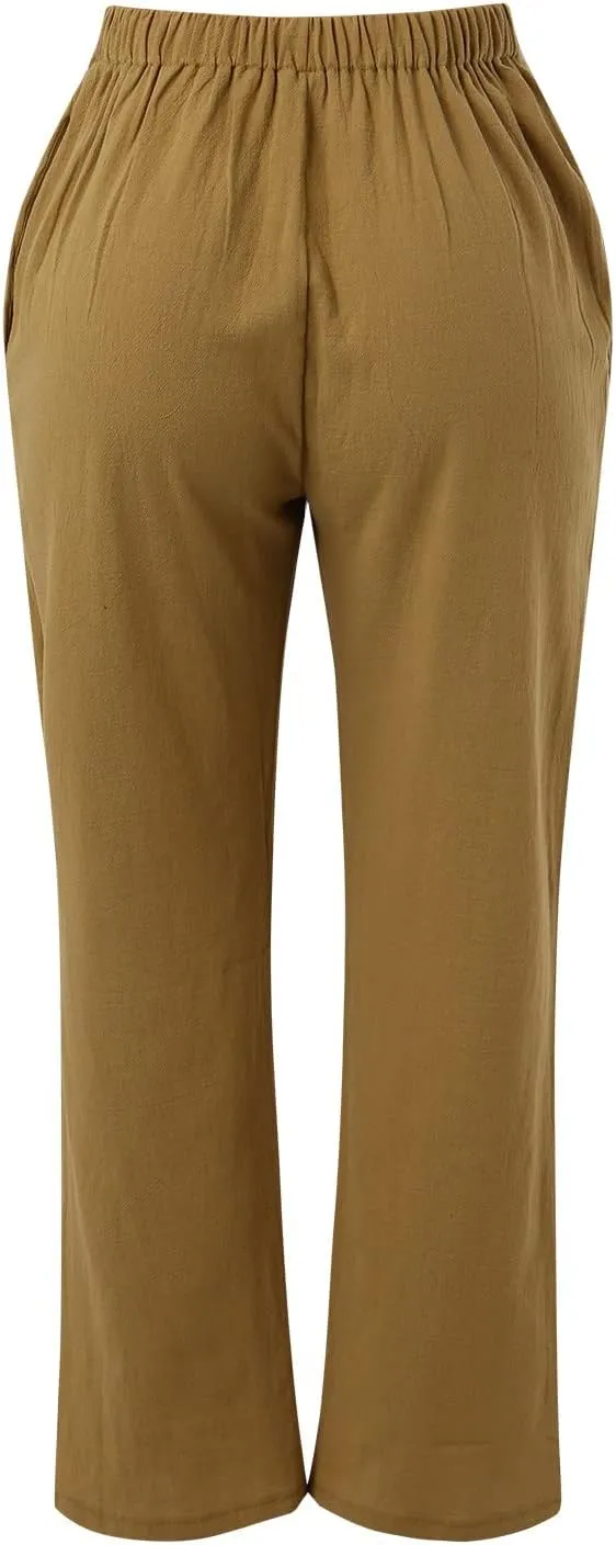 Women Linen Pants with Drawstring Lightweight Elastic Waist Leg Loose with Pockets Petite Summer Relaxed Fit Tapered
