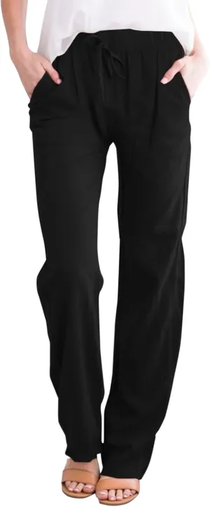 Women Linen Pants with Drawstring Lightweight Elastic Waist Leg Loose with Pockets Petite Summer Relaxed Fit Tapered