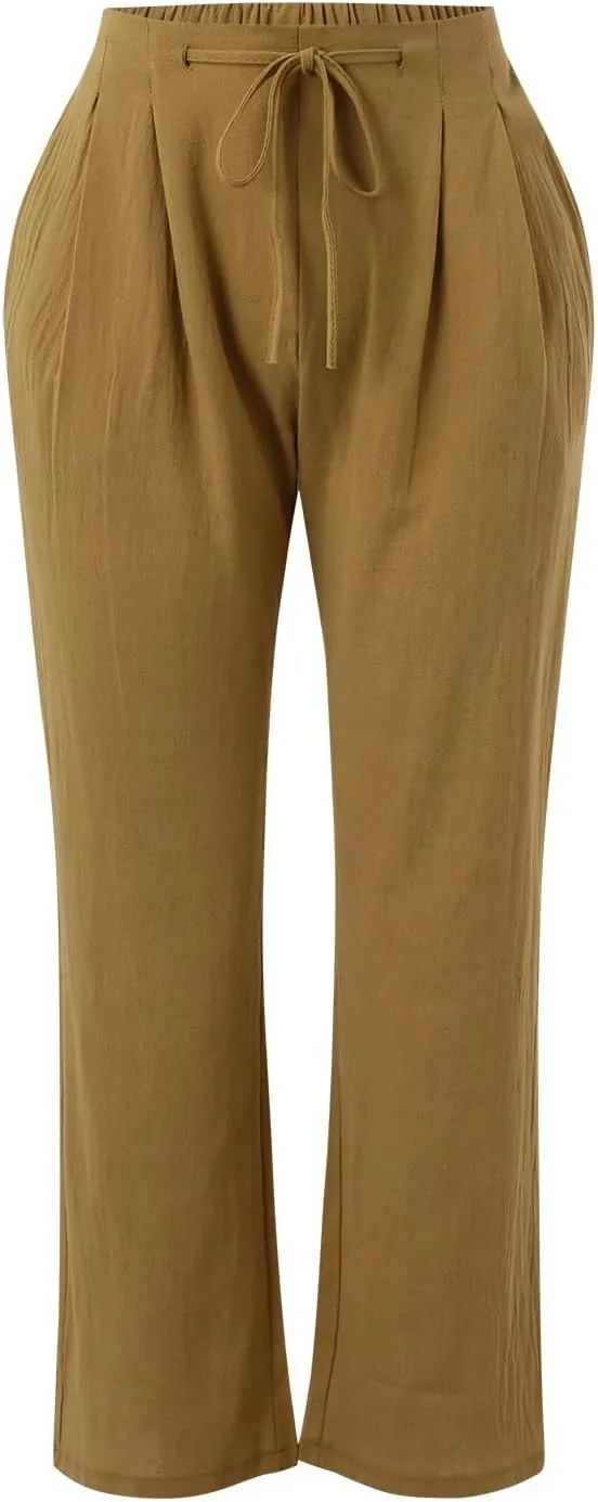 Women Linen Pants with Drawstring Lightweight Elastic Waist Leg Loose with Pockets Petite Summer Relaxed Fit Tapered