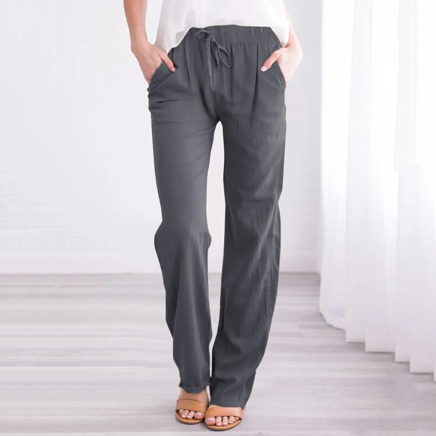 Women Linen Pants with Drawstring Lightweight Elastic Waist Leg Loose with Pockets Petite Summer Relaxed Fit Tapered