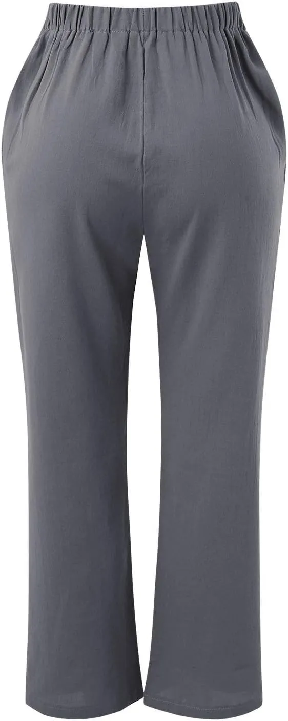 Women Linen Pants with Drawstring Lightweight Elastic Waist Leg Loose with Pockets Petite Summer Relaxed Fit Tapered