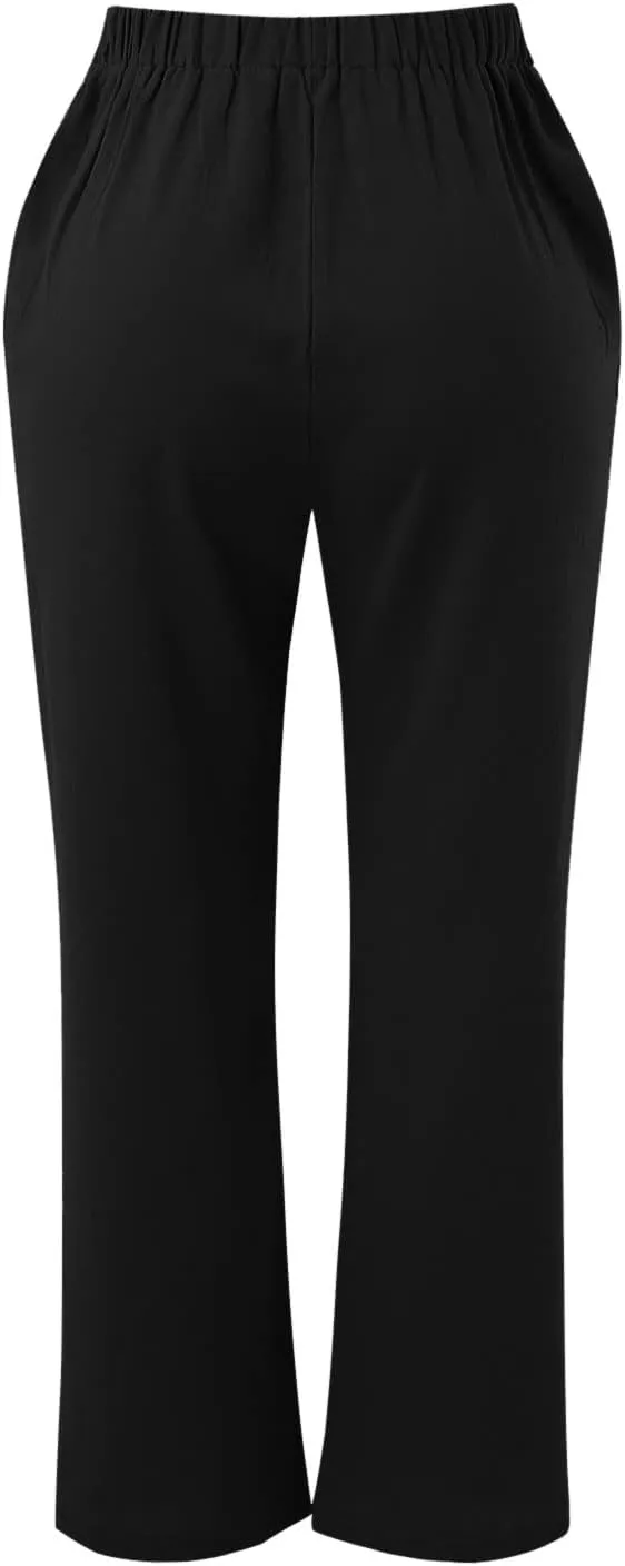 Women Linen Pants with Drawstring Lightweight Elastic Waist Leg Loose with Pockets Petite Summer Relaxed Fit Tapered