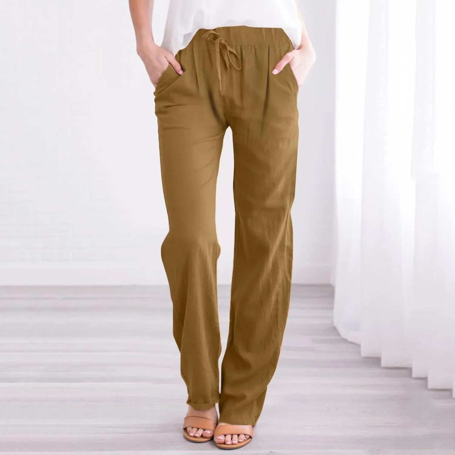 Women Linen Pants with Drawstring Lightweight Elastic Waist Leg Loose with Pockets Petite Summer Relaxed Fit Tapered