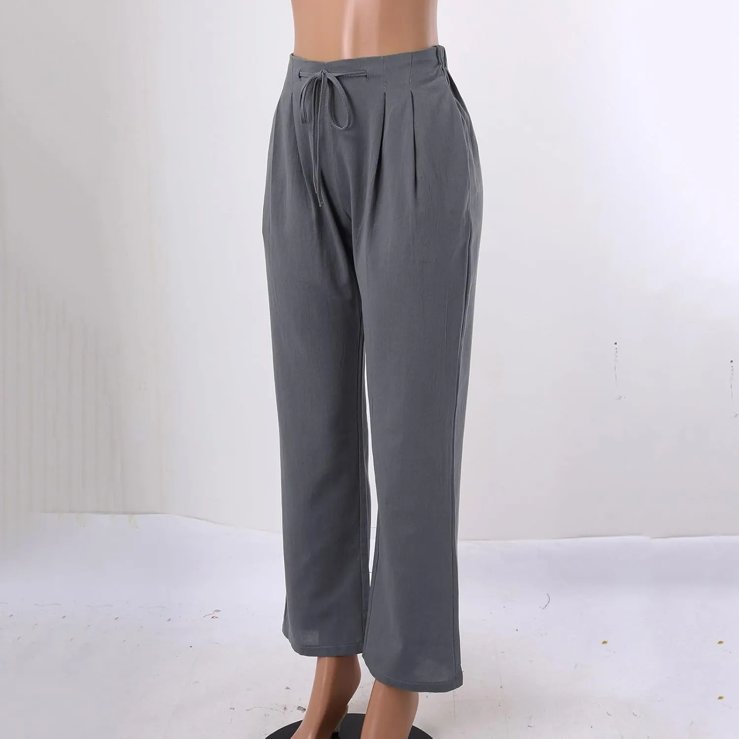Women Linen Pants with Drawstring Lightweight Elastic Waist Leg Loose with Pockets Petite Summer Relaxed Fit Tapered