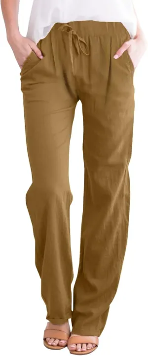 Women Linen Pants with Drawstring Lightweight Elastic Waist Leg Loose with Pockets Petite Summer Relaxed Fit Tapered