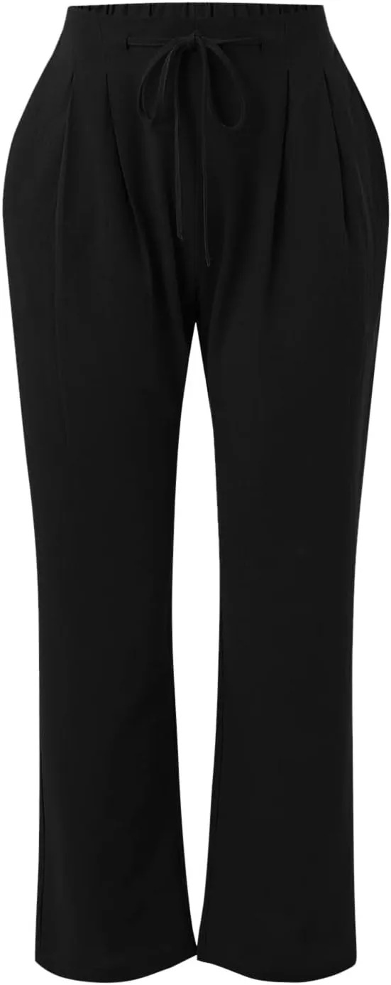 Women Linen Pants with Drawstring Lightweight Elastic Waist Leg Loose with Pockets Petite Summer Relaxed Fit Tapered