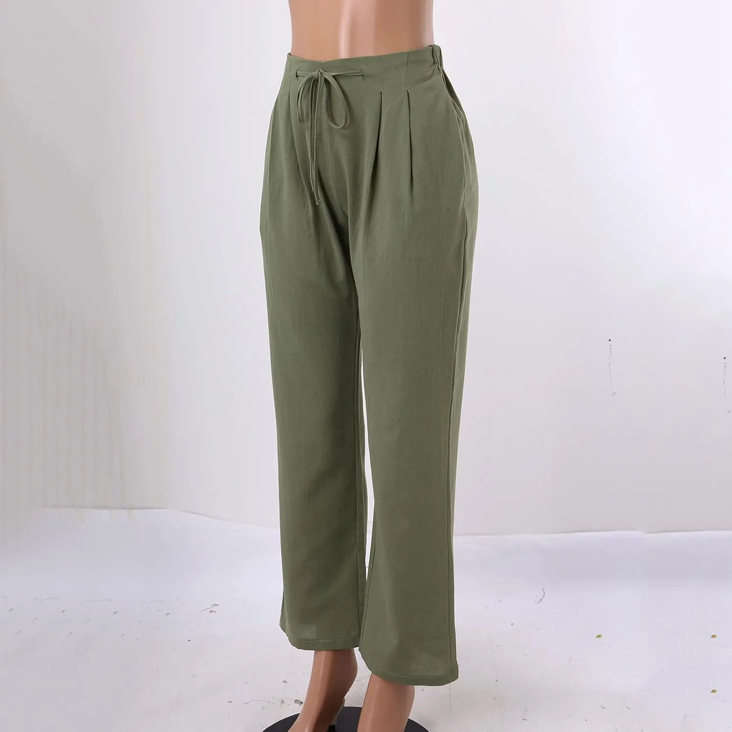 Women Linen Pants with Drawstring Lightweight Elastic Waist Leg Loose with Pockets Petite Summer Relaxed Fit Tapered