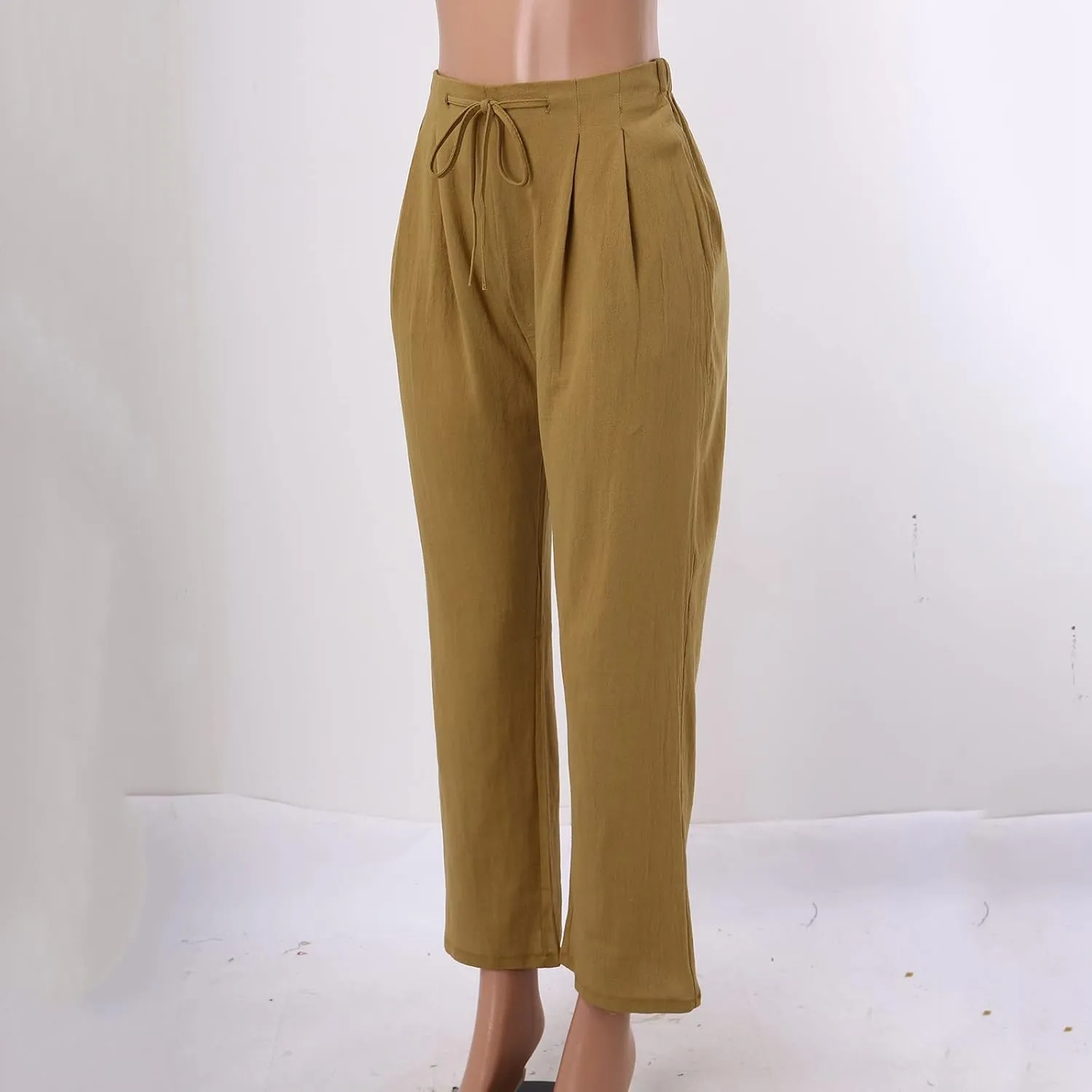 Women Linen Pants with Drawstring Lightweight Elastic Waist Leg Loose with Pockets Petite Summer Relaxed Fit Tapered