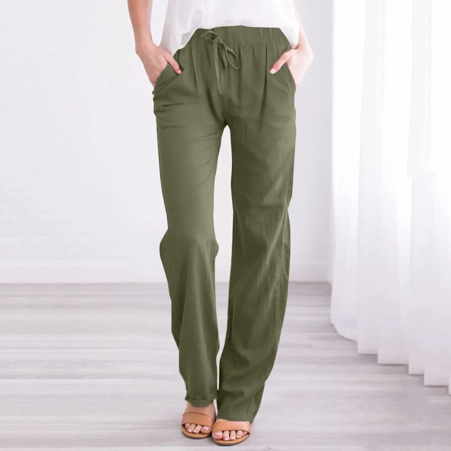 Women Linen Pants with Drawstring Lightweight Elastic Waist Leg Loose with Pockets Petite Summer Relaxed Fit Tapered