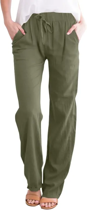 Women Linen Pants with Drawstring Lightweight Elastic Waist Leg Loose with Pockets Petite Summer Relaxed Fit Tapered