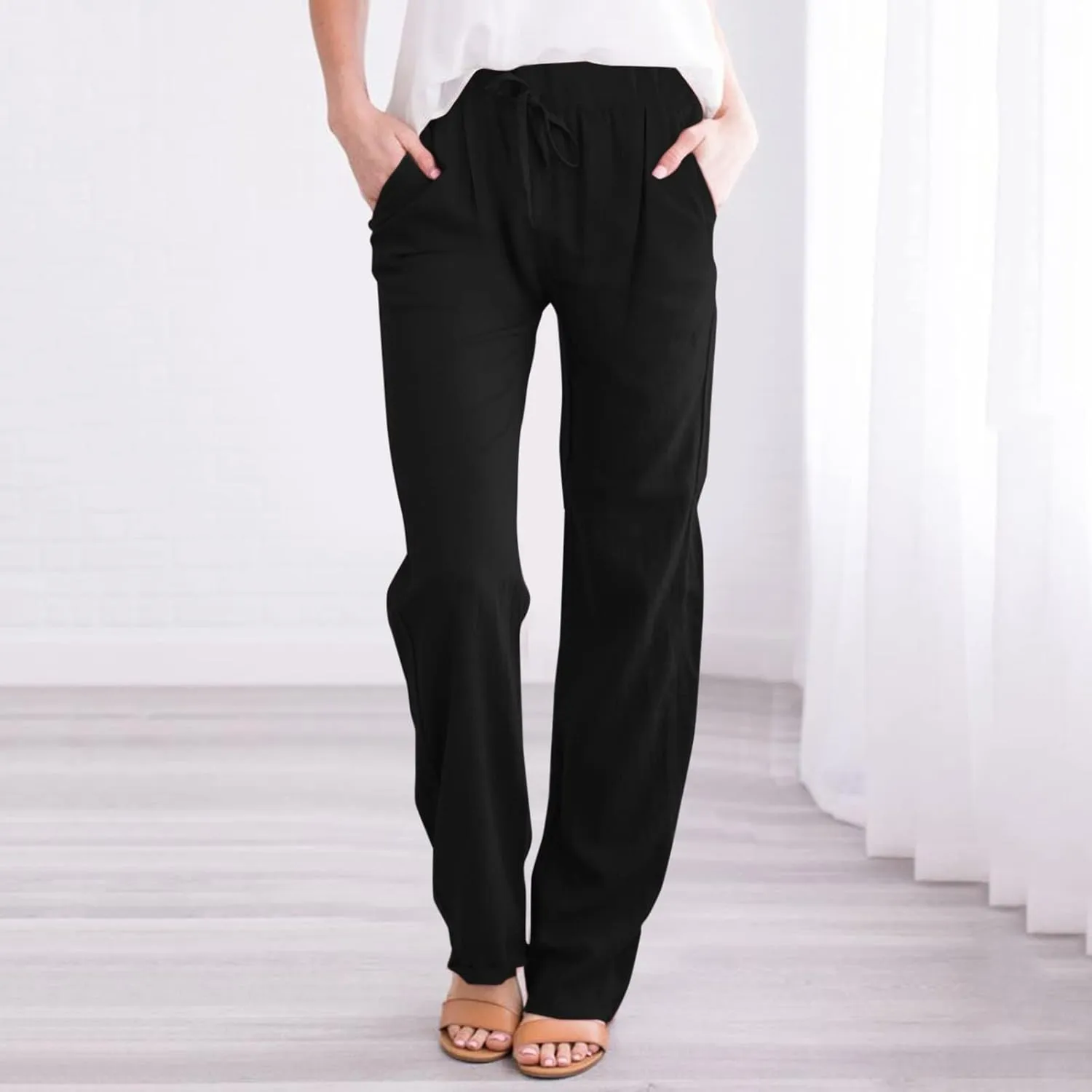 Women Linen Pants with Drawstring Lightweight Elastic Waist Leg Loose with Pockets Petite Summer Relaxed Fit Tapered