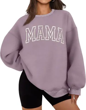 Women Mama Sweatshirt Oversized Embroidered Mama Print Pullover Tops Fall Winter Trendy Long Sleeve Crewneck Shirts
