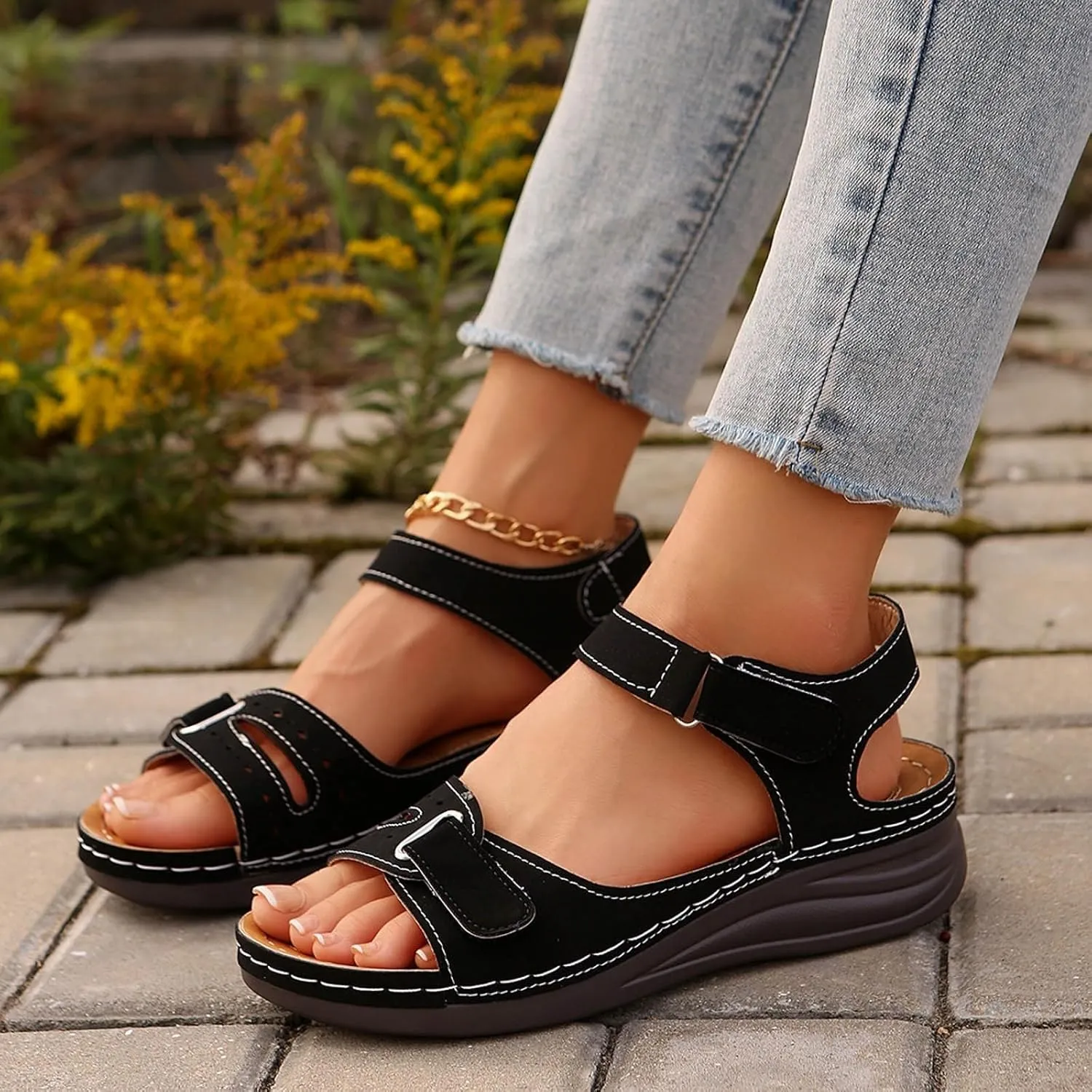 Women Orthopedic Sandals Dressy Summer Comfortable Walking Slides Sandals Fashion Open Toe Adjustable Ankle Strap Slip On Sandal Casual Slingback Shoes