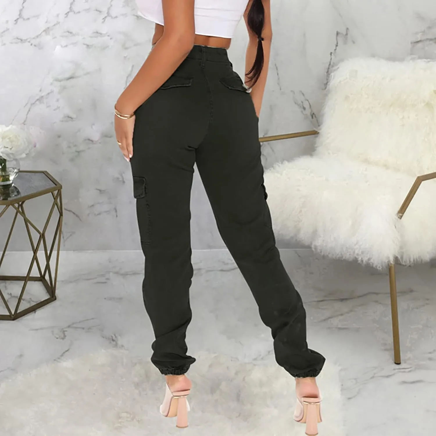 Women Parachute Camo Cargo Pants Trendy Y2K Teen Girls High Elastic Waist Relaxed Fit Casual Pants Streetwear Trousers