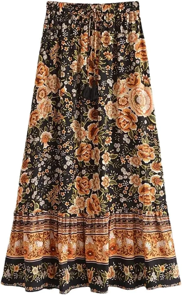 Women Print Beach Bohemian Pleated Skirt Ladies High Elastic Waist A-Line Rayon Maxi Skirts