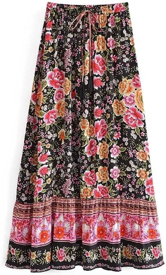 Women Print Beach Bohemian Pleated Skirt Ladies High Elastic Waist A-Line Rayon Maxi Skirts