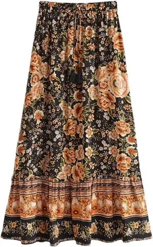 Women Print Beach Bohemian Pleated Skirt Ladies High Elastic Waist A-Line Rayon Maxi Skirts