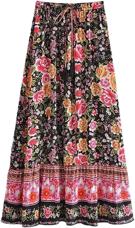 Women Print Beach Bohemian Pleated Skirt Ladies High Elastic Waist A-Line Rayon Maxi Skirts