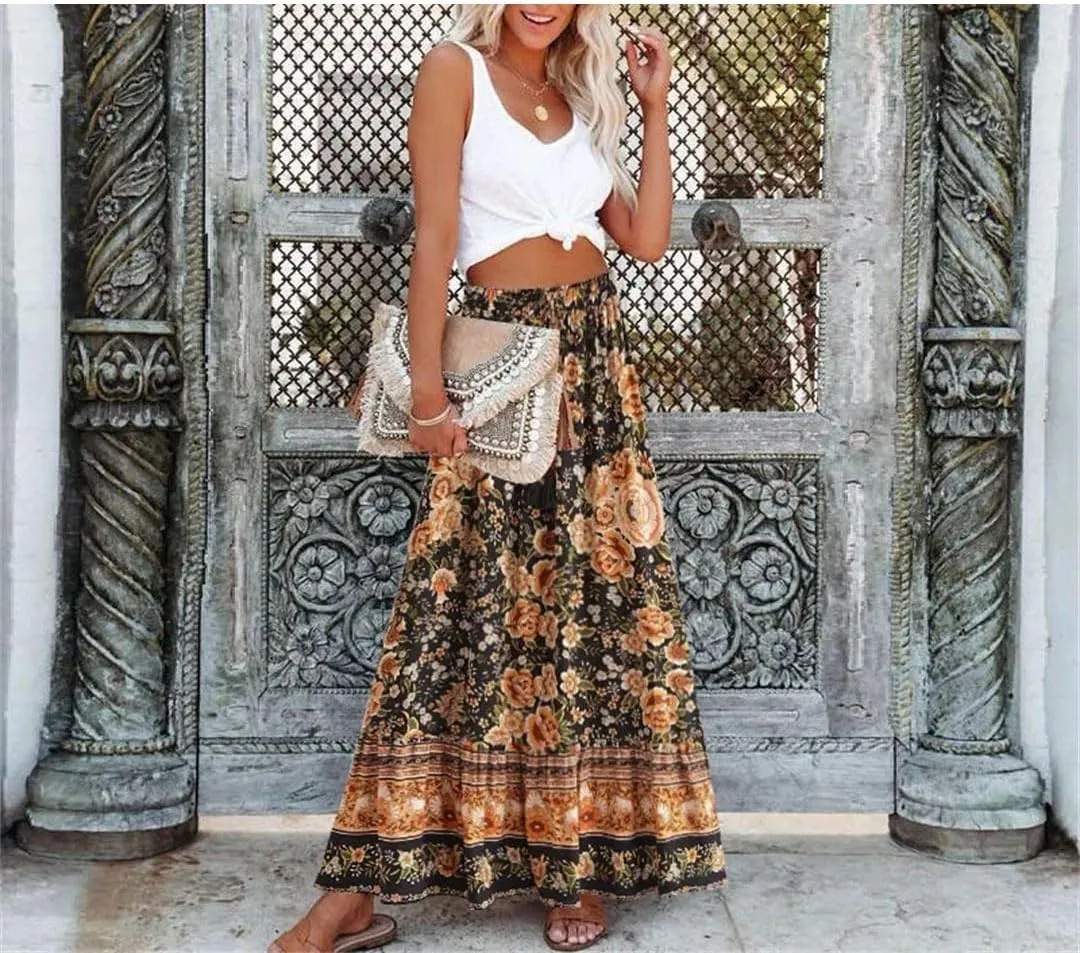 Women Print Beach Bohemian Pleated Skirt Ladies High Elastic Waist A-Line Rayon Maxi Skirts