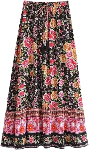 Women Print Beach Bohemian Pleated Skirt Ladies High Elastic Waist A-Line Rayon Maxi Skirts
