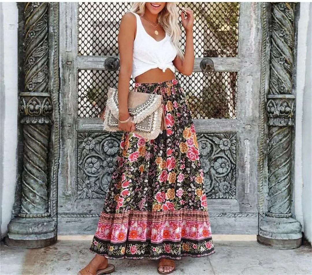 Women Print Beach Bohemian Pleated Skirt Ladies High Elastic Waist A-Line Rayon Maxi Skirts