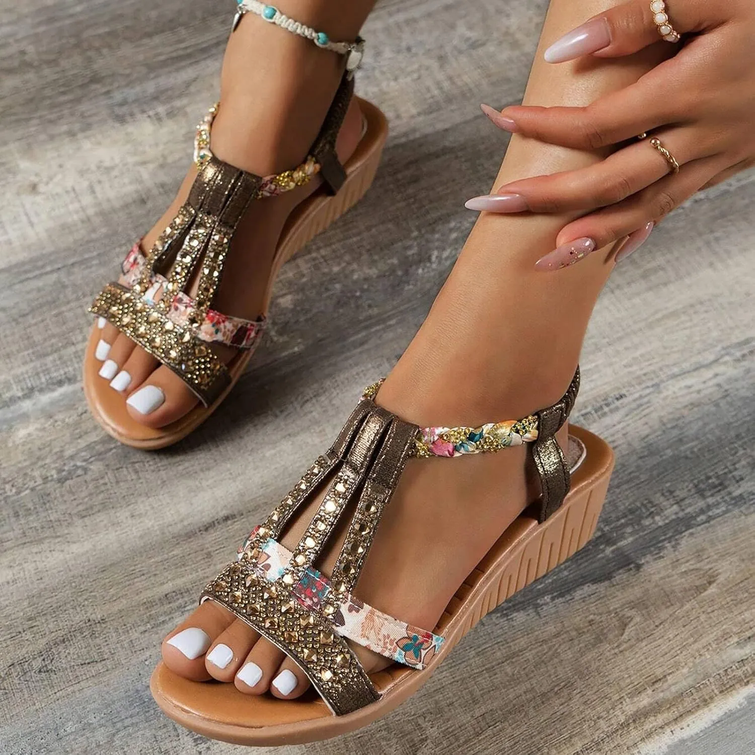 Women Rhinestone Decor Slingback Sandals Fashion Summer Wedge Sandals Open Toe Bohemian Women's Shoes