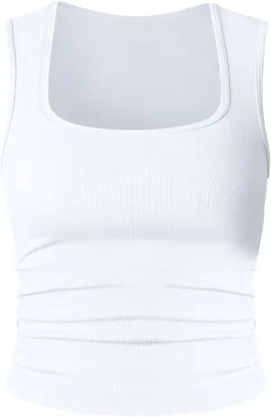 Women Ribbed Tank Top Pleated Square Neck Sleeveless Basic Fitted Crop Tops Y2K Henley Vest Petite