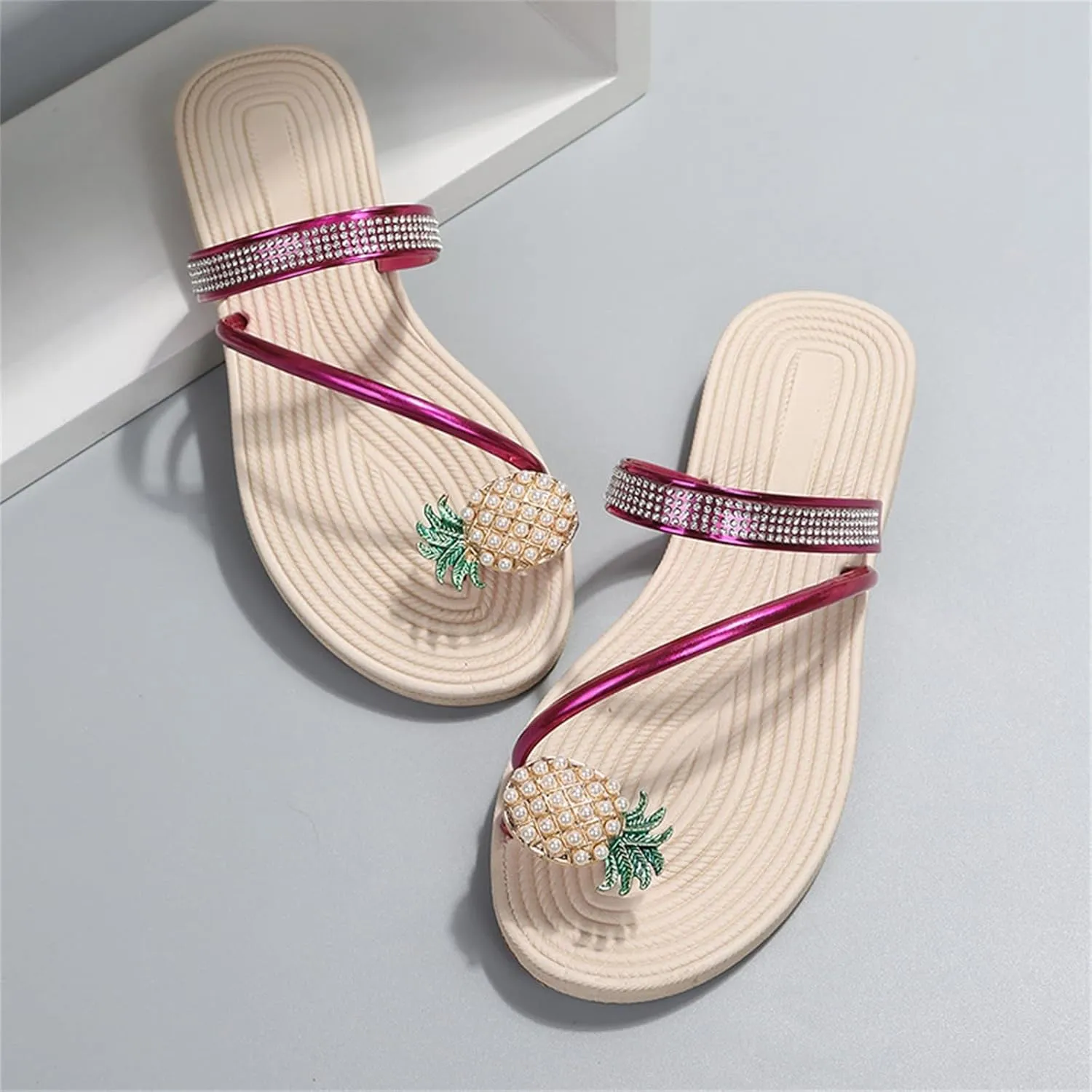 Women' Slippers Pineapple Toe Slippers Flat Toe Loop Pearl Elastic Strap Slippers Sandals Women Comfort Slides Shoes