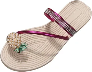 Women' Slippers Pineapple Toe Slippers Flat Toe Loop Pearl Elastic Strap Slippers Sandals Women Comfort Slides Shoes