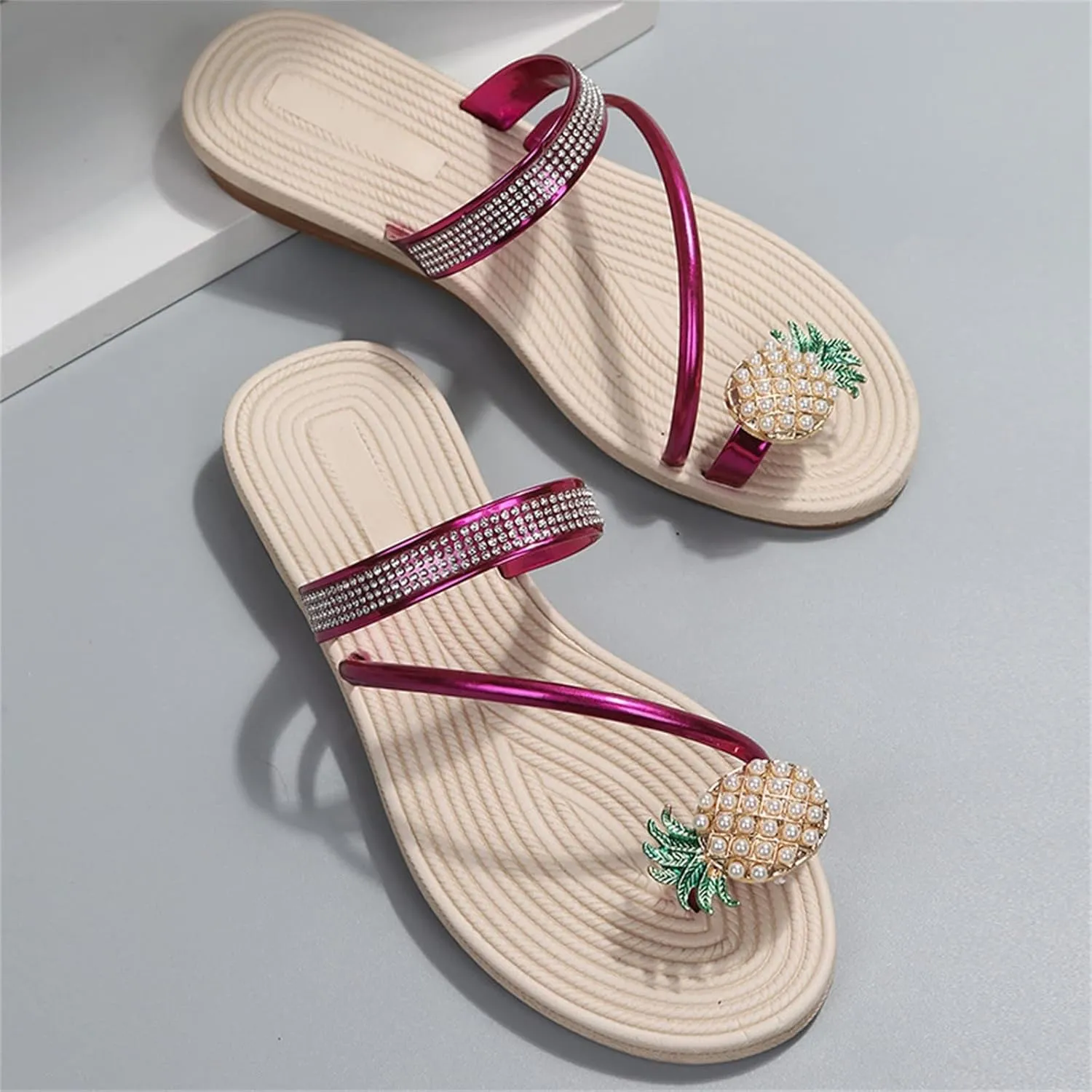 Women' Slippers Pineapple Toe Slippers Flat Toe Loop Pearl Elastic Strap Slippers Sandals Women Comfort Slides Shoes