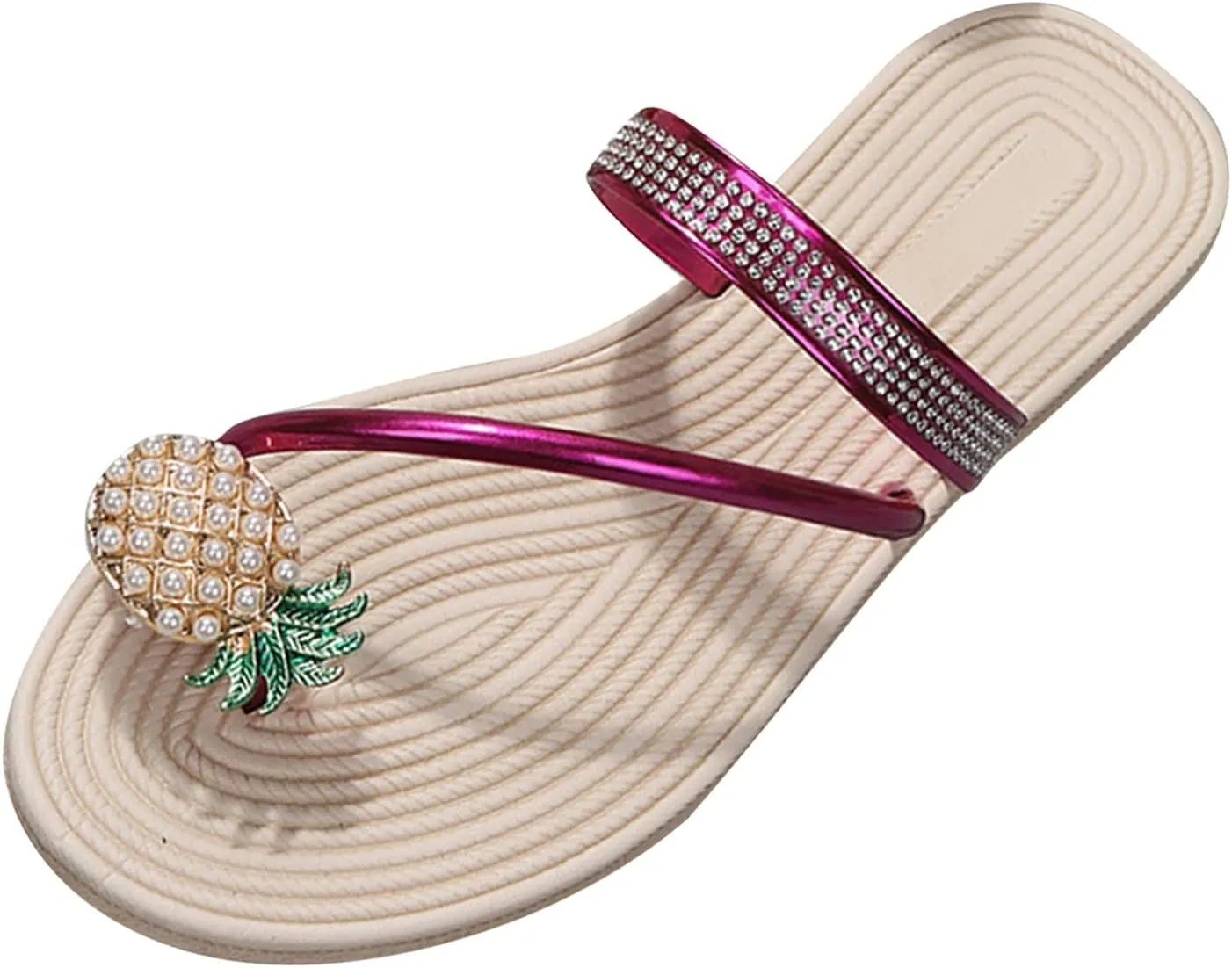 Women' Slippers Pineapple Toe Slippers Flat Toe Loop Pearl Elastic Strap Slippers Sandals Women Comfort Slides Shoes