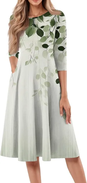 Women Spring Dresses Crewneck 3/4 Sleeve Midi Dresses Floral A Line Dress Summer Flowy Beach Dresses with Pocket