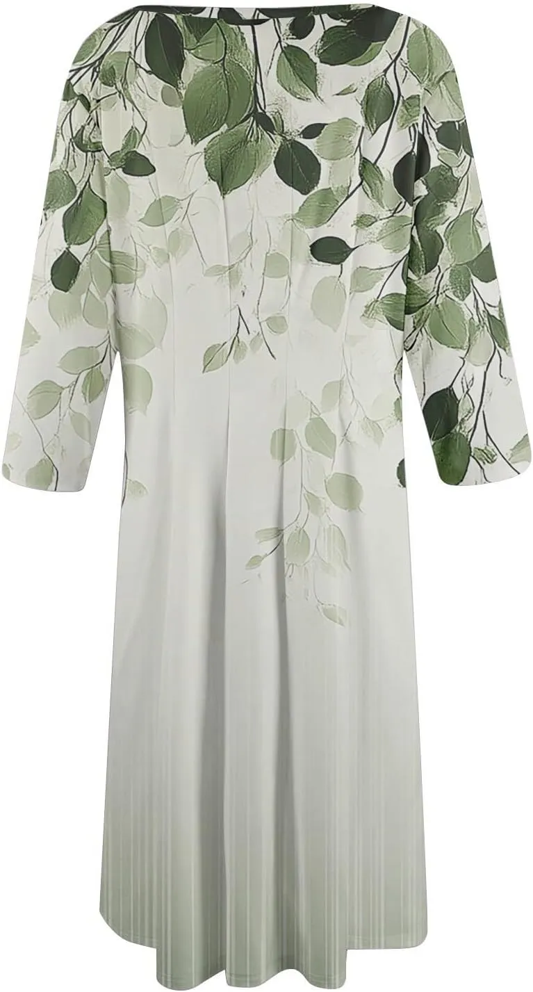 Women Spring Dresses Crewneck 3/4 Sleeve Midi Dresses Floral A Line Dress Summer Flowy Beach Dresses with Pocket