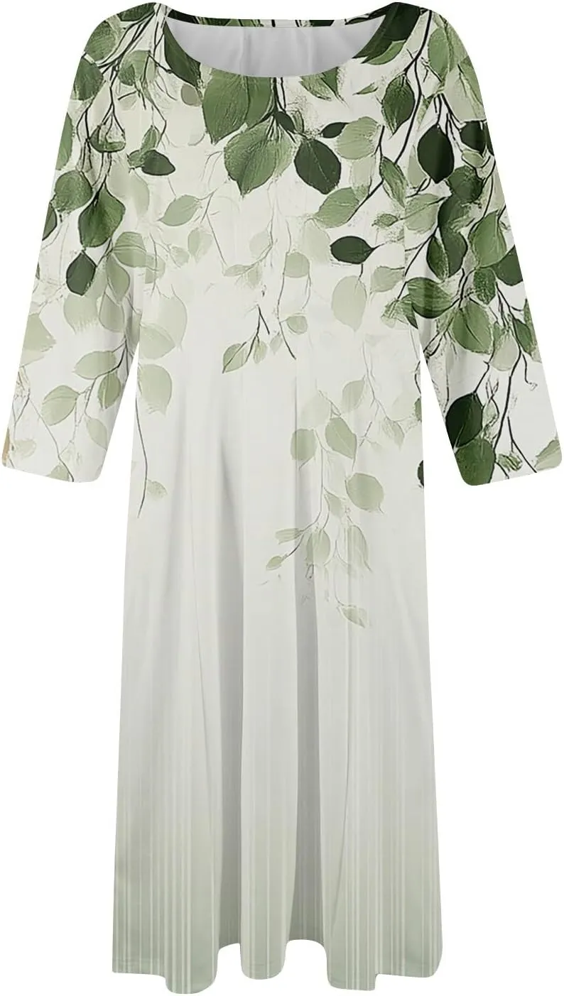 Women Spring Dresses Crewneck 3/4 Sleeve Midi Dresses Floral A Line Dress Summer Flowy Beach Dresses with Pocket