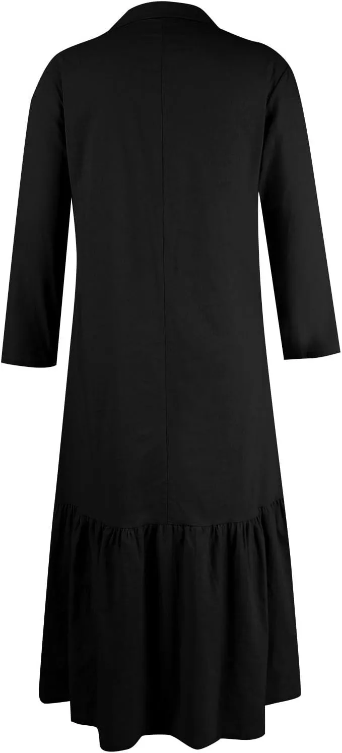 Women Spring Summer V Neck 3/4 Length Sleeve Maxi Dresses with Pockets Loose Cotton Linen Shirt Dress Casual Dress
