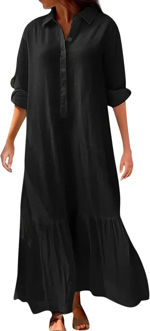 Women Spring Summer V Neck 3/4 Length Sleeve Maxi Dresses with Pockets Loose Cotton Linen Shirt Dress Casual Dress