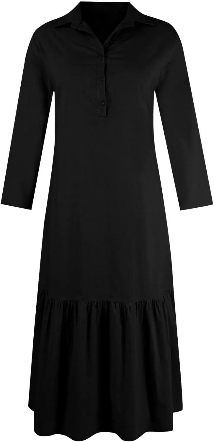 Women Spring Summer V Neck 3/4 Length Sleeve Maxi Dresses with Pockets Loose Cotton Linen Shirt Dress Casual Dress