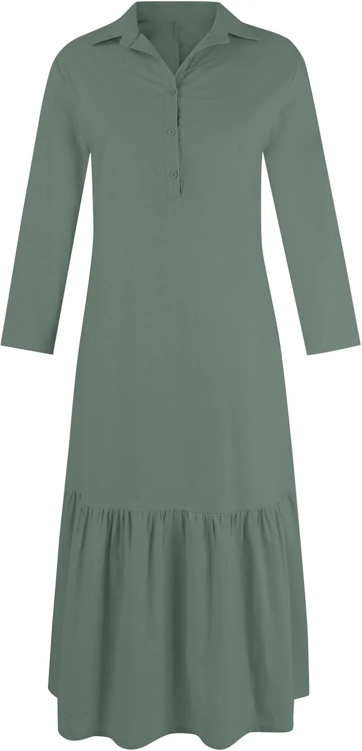 Women Spring Summer V Neck 3/4 Length Sleeve Maxi Dresses with Pockets Loose Cotton Linen Shirt Dress Casual Dress