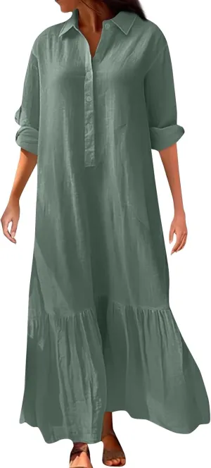Women Spring Summer V Neck 3/4 Length Sleeve Maxi Dresses with Pockets Loose Cotton Linen Shirt Dress Casual Dress