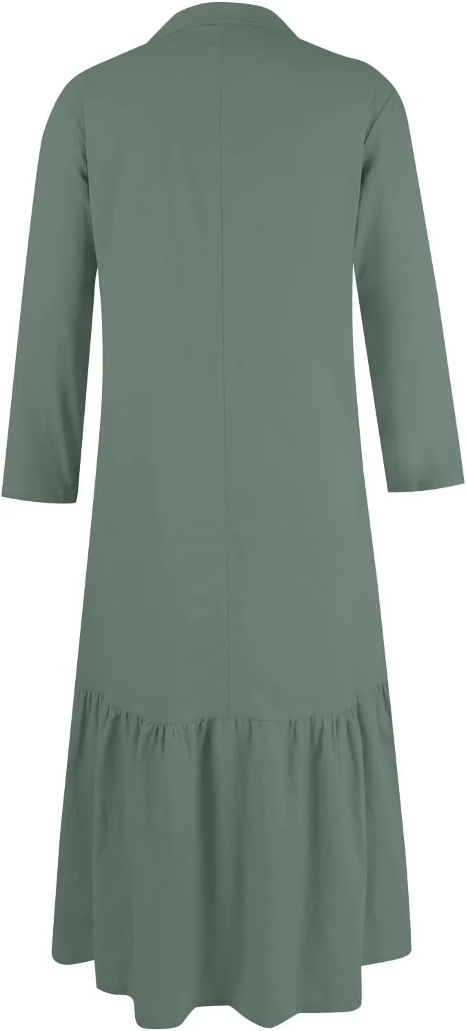 Women Spring Summer V Neck 3/4 Length Sleeve Maxi Dresses with Pockets Loose Cotton Linen Shirt Dress Casual Dress