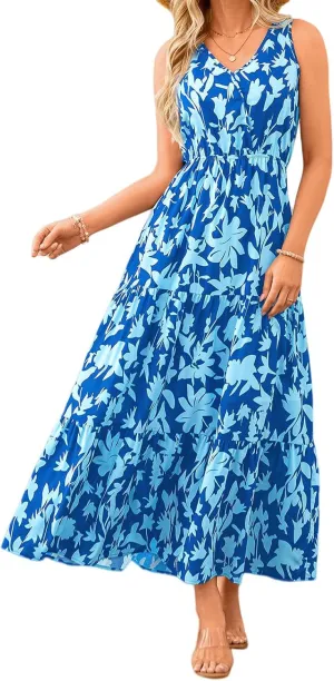 Women Summer Dresses Casual Sleeveless Maxi Dresses V Neck Ruffle Flowy Boho Dresses Beach Sundress Floral Long Dress