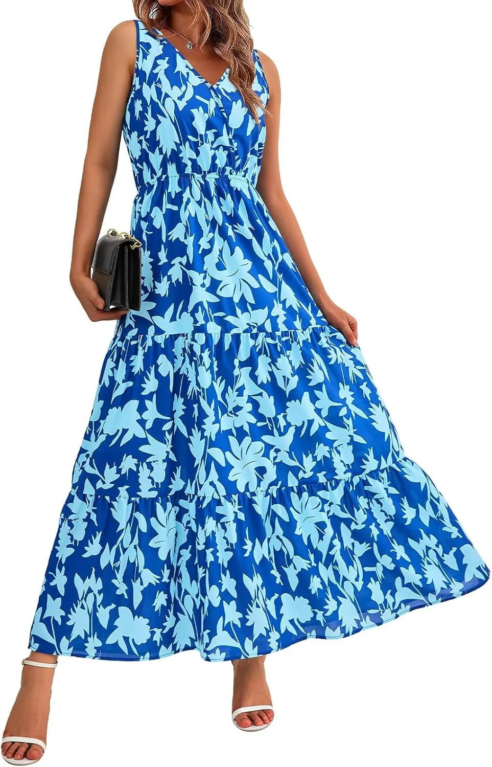 Women Summer Dresses Casual Sleeveless Maxi Dresses V Neck Ruffle Flowy Boho Dresses Beach Sundress Floral Long Dress