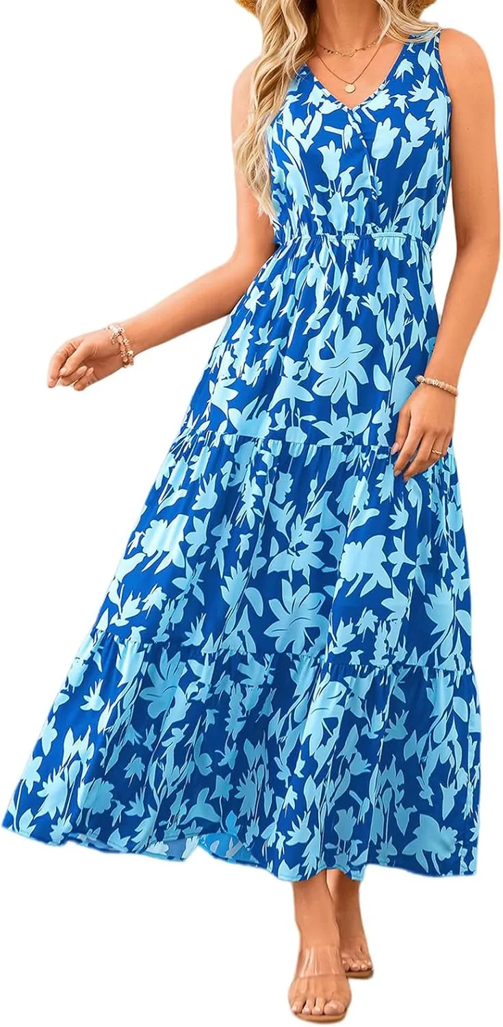 Women Summer Dresses Casual Sleeveless Maxi Dresses V Neck Ruffle Flowy Boho Dresses Beach Sundress Floral Long Dress