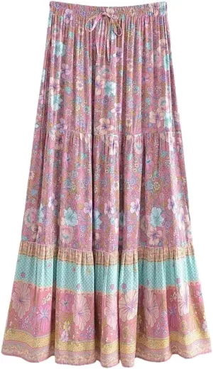 Women Summer Tassel Elastic Waist Skirt Floral Printed Rayon Beach Bohemian Pleated Maxi Skirts