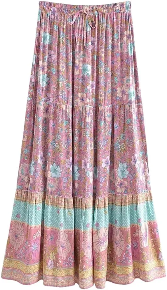 Women Summer Tassel Elastic Waist Skirt Floral Printed Rayon Beach Bohemian Pleated Maxi Skirts