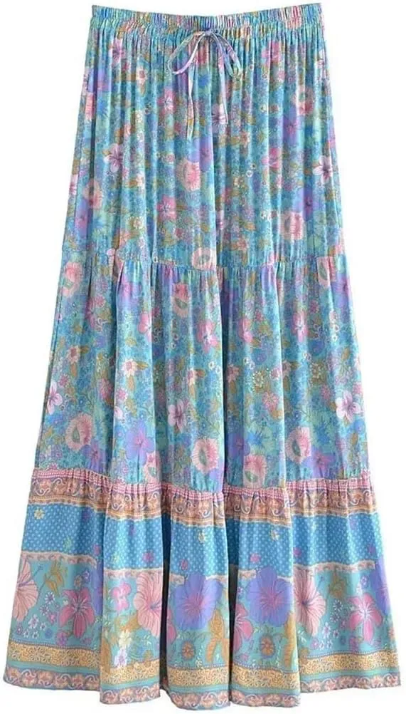 Women Summer Tassel Elastic Waist Skirt Floral Printed Rayon Beach Bohemian Pleated Maxi Skirts
