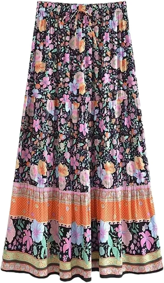 Women Summer Tassel Elastic Waist Skirt Floral Printed Rayon Beach Bohemian Pleated Maxi Skirts